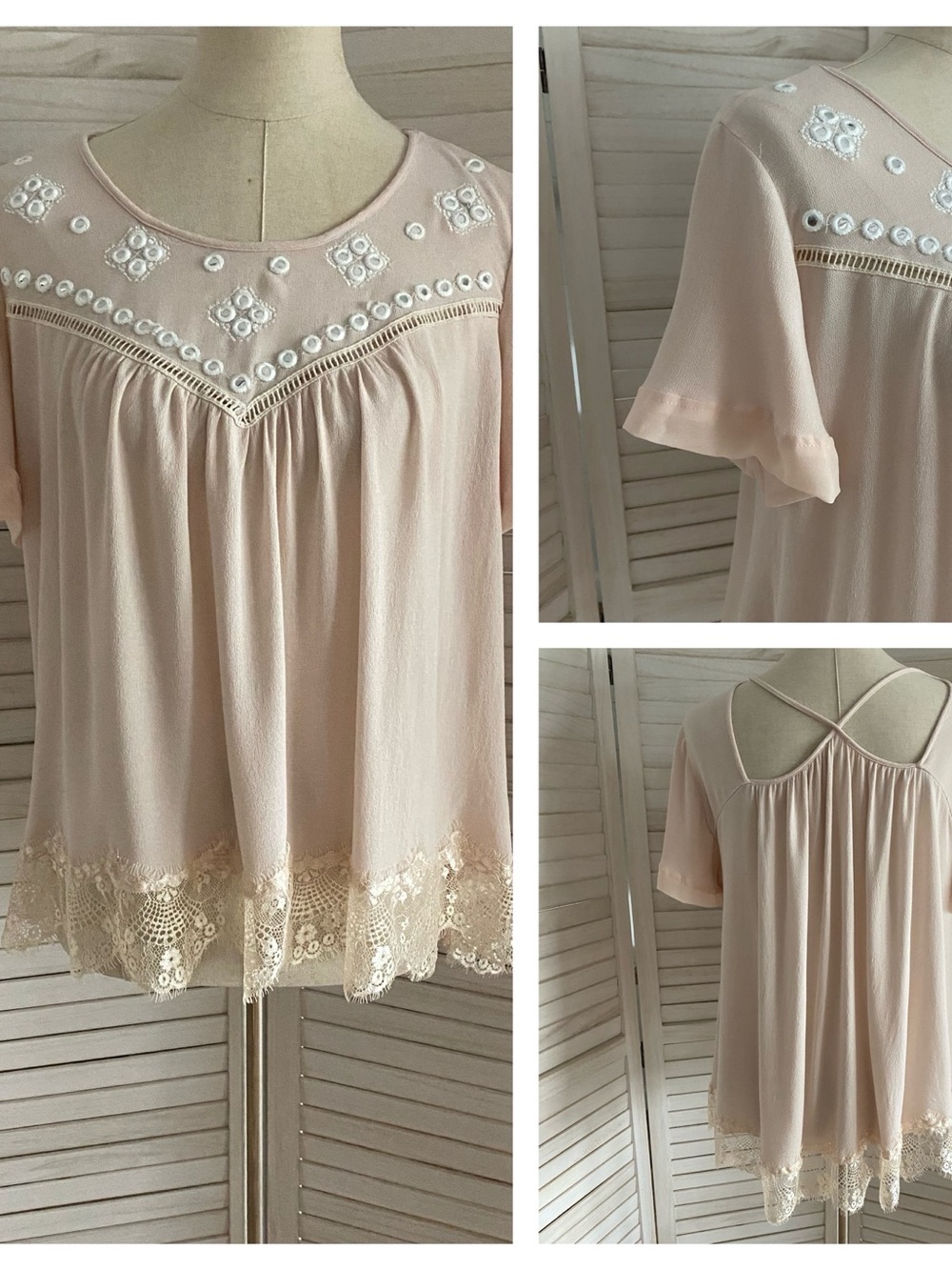 POL Pale Pink Embellished Lace-Trim Blouse SZ S Feminine Lightweight